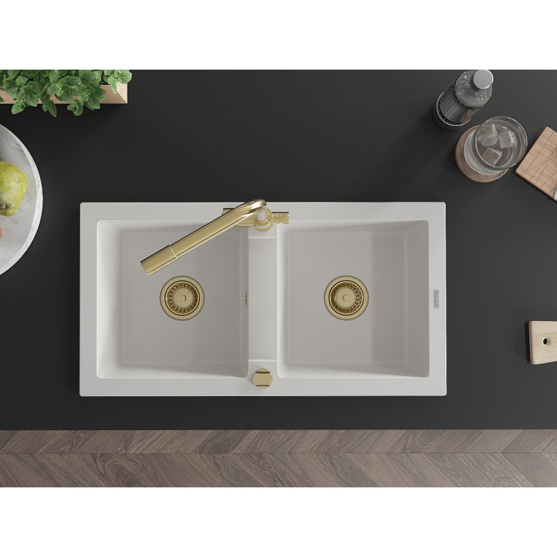 Mexen Mario 2-bowl granite sink with kitchen faucet Duero, white - 6504-20-671600-50