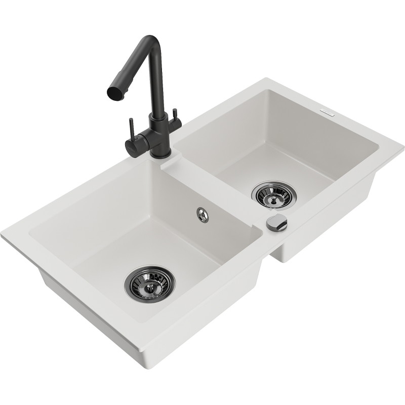 Mexen Mario 2-chamber granite sink with Duero kitchen faucet, white - 6504-20-671600-70
