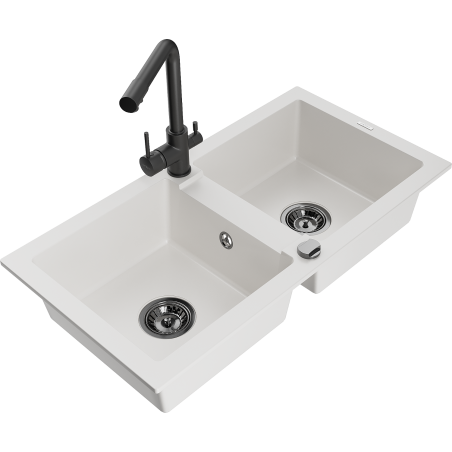Mexen Mario 2-compartment granite sink with a kitchen mixer tap Duero, White - 6504-20-671600-70