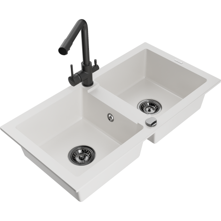 Mexen Mario two-bowl granite sink with Duero kitchen faucet, white - 6504-20-671600-70