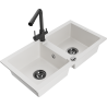 Mexen Mario 2-bowl granite sink with Duero kitchen tap, white - 6504-20-671600-70