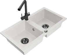 Mexen Mario 2-bowl granite sink with Duero kitchen tap, white - 6504-20-671600-70