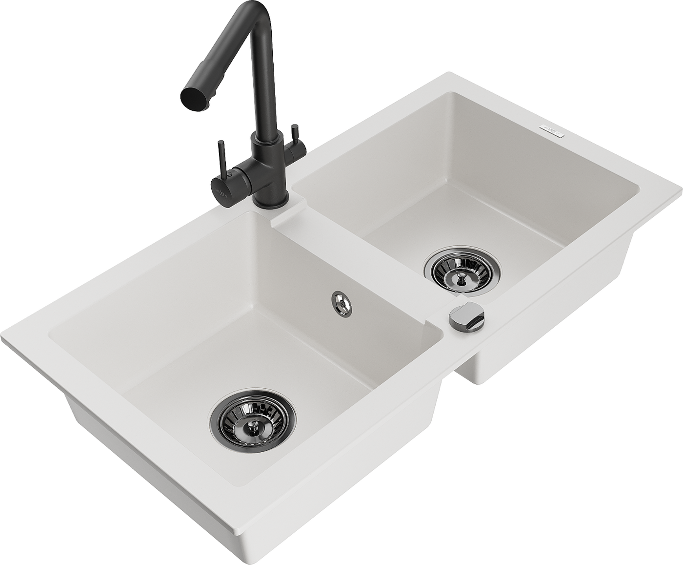 Mexen Mario 2-compartment granite sink with a kitchen mixer tap Duero, White - 6504-20-671600-70