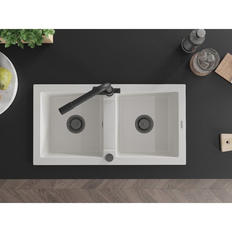 Mexen Mario 2-chamber granite sink with Duero kitchen faucet, white - 6504-20-671600-70
