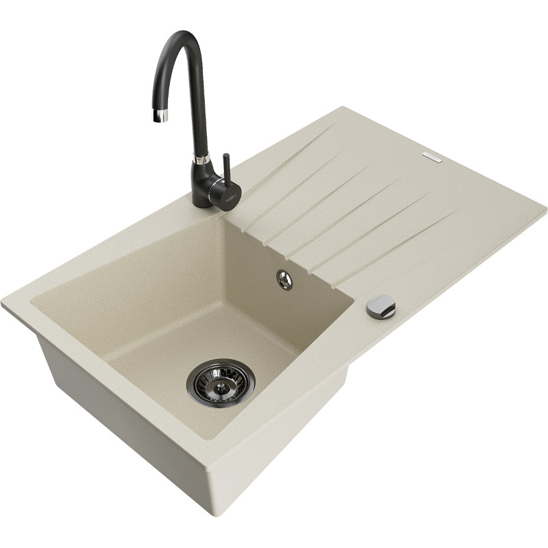 Mexen Cesar 1-bowl granite sink with drainer and Telma kitchen faucet, beige - 6514-69-670200-70