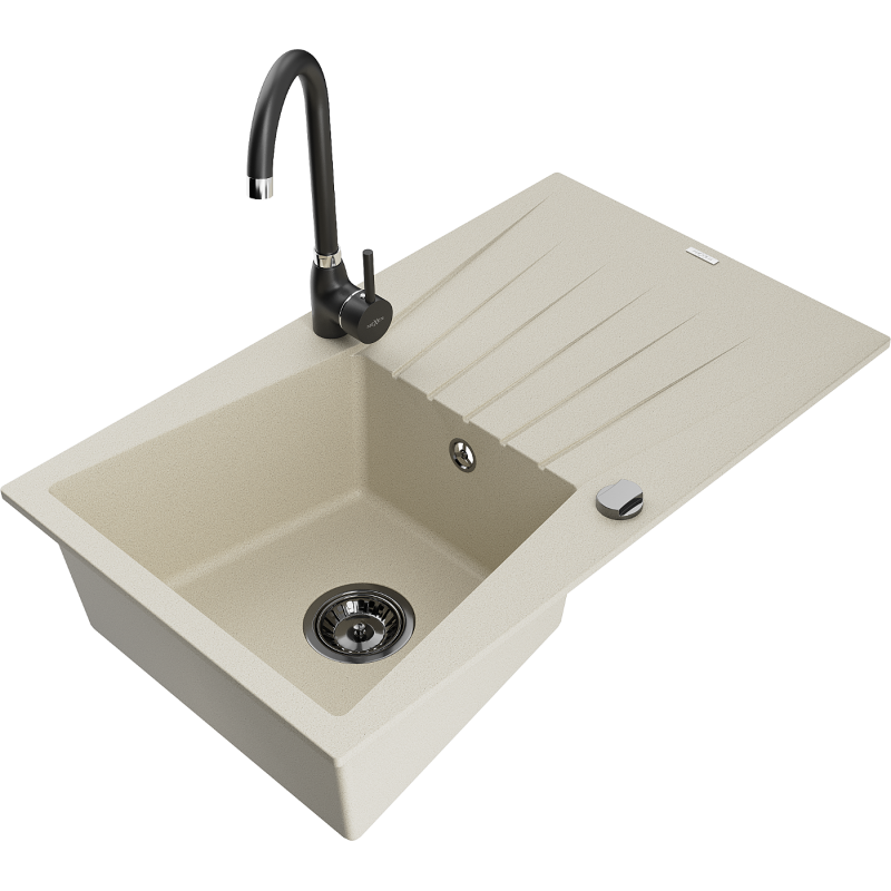 Mexen Cesar 1-compartment granite sink with a drip tray and kitchen mixer tap Telma, Beige - 6514-69-670200-70