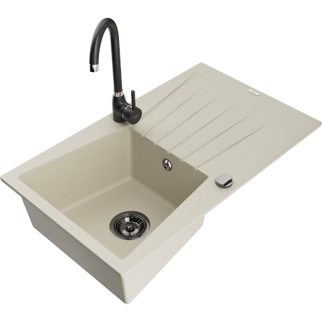 Mexen Cesar 1-Bowl Granite Sink with Drainer and Telma Kitchen Tap, Beige - 6514-69-670200-70
