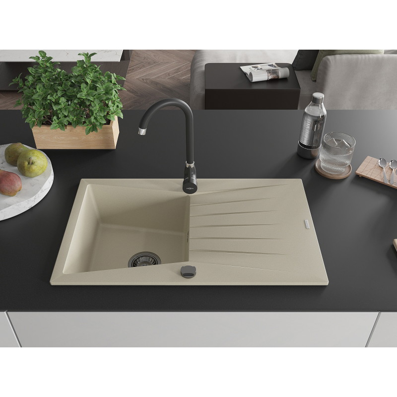 Mexen Cesar 1-bowl granite sink with drainer and Telma kitchen faucet, beige - 6514-69-670200-70