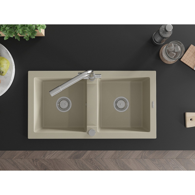 Mexen Mario granite double bowl kitchen sink with Duero faucet, beige - 6504-69-671600-00