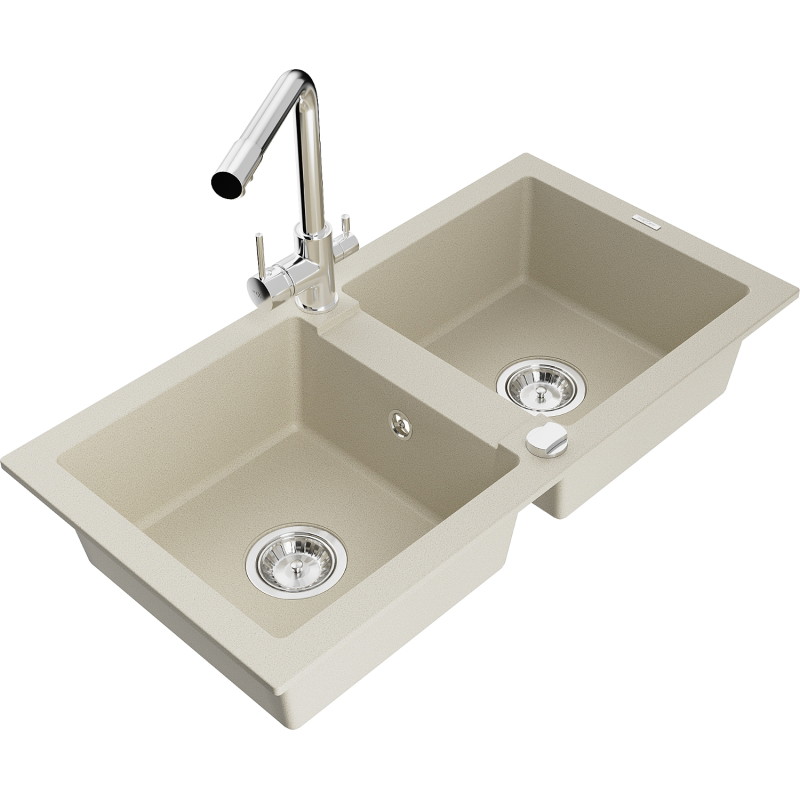 Mexen Mario granite double bowl kitchen sink with Duero faucet, beige - 6504-69-671600-00
