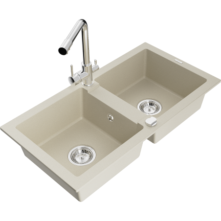 Mexen Mario granite 2-bowl kitchen sink with Duero tap, beige - 6504-69-671600-00