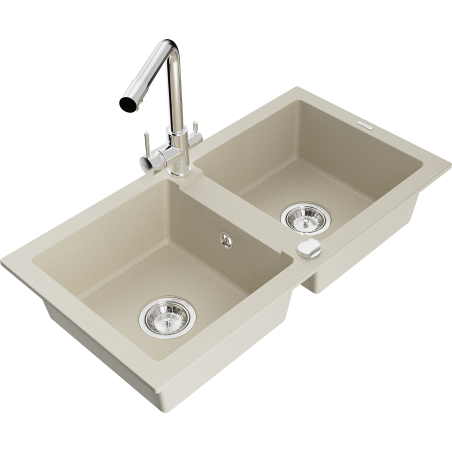 Mexen Mario granite double bowl kitchen sink with Duero faucet, beige - 6504-69-671600-00