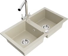 Mexen Mario 2-bowl granite sink with Duero kitchen faucet, beige - 6504-69-671600-00