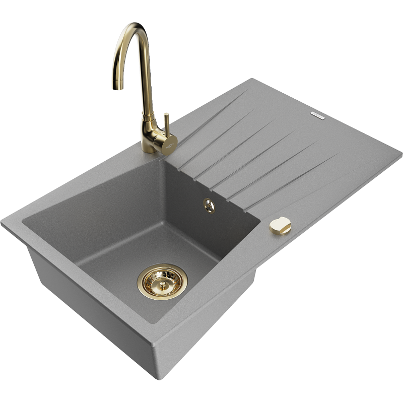 Mexen Cesar granite sink with 1 bowl, drainer and Telma kitchen tap, grey - 6514-71-670200-50