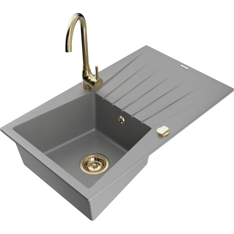 Mexen Cesar single-bowl granite sink with drainer and Telma kitchen faucet, gray - 6514-71-670200-50