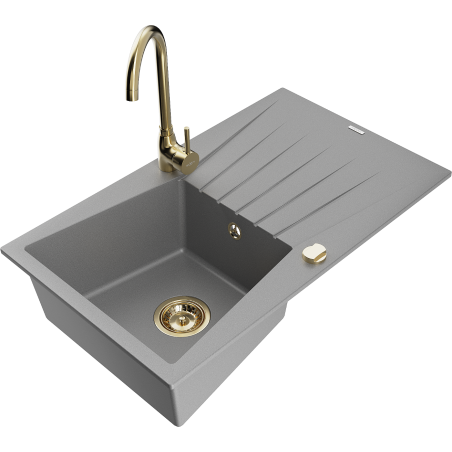 Mexen Cesar 1-compartment granite sink with a drip tray and kitchen mixer tap Telma, Grey - 6514-71-670200-50