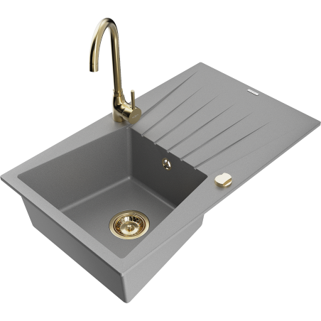 Mexen Cesar granite sink with 1 bowl, drainer and Telma kitchen tap, grey - 6514-71-670200-50