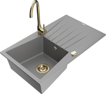 Mexen Cesar 1-compartment granite sink with a drip tray and kitchen mixer tap Telma, Grey - 6514-71-670200-50