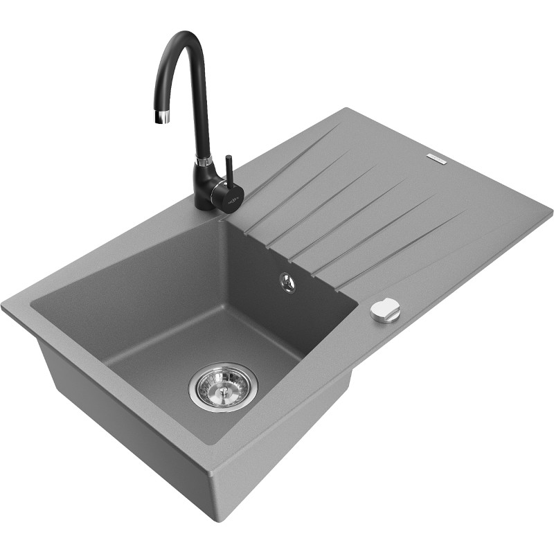Mexen Cesar 1-bowl granite sink with drainer and Telma kitchen faucet, gray - 6514-71-670200-70
