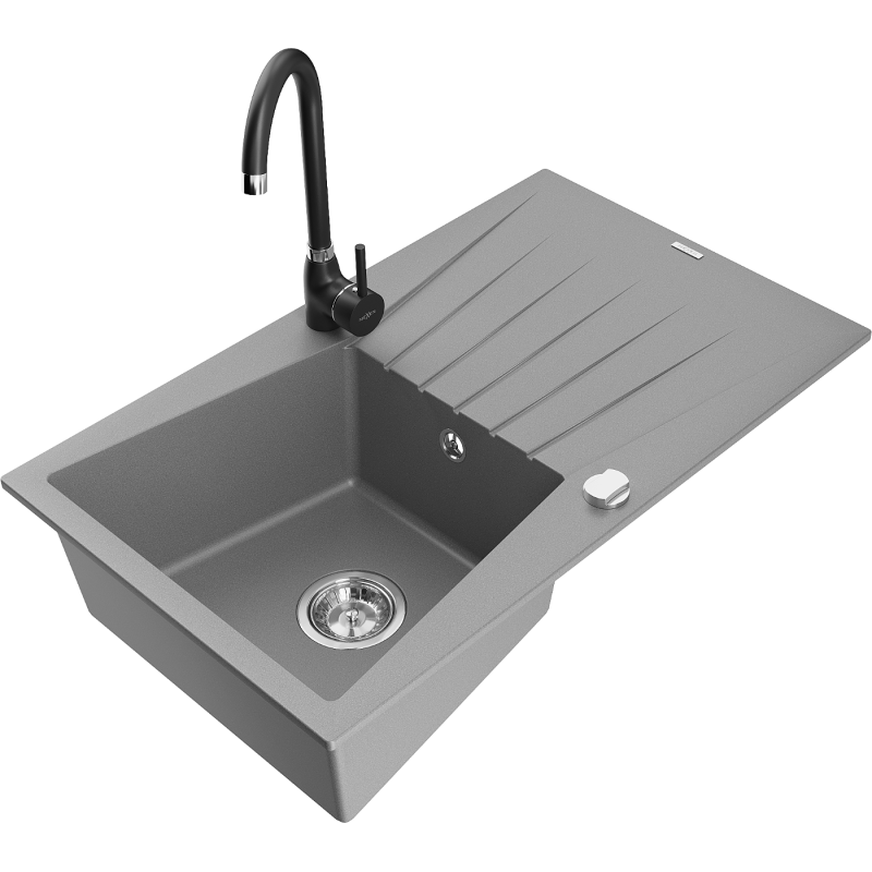 Mexen Cesar 1-bowl Granite Sink with Drainer and Telma Kitchen Tap, Grey - 6514-71-670200-70