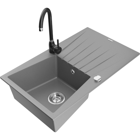 Mexen Cesar 1-compartment granite sink with a drip tray and kitchen mixer tap Telma, Grey - 6514-71-670200-70