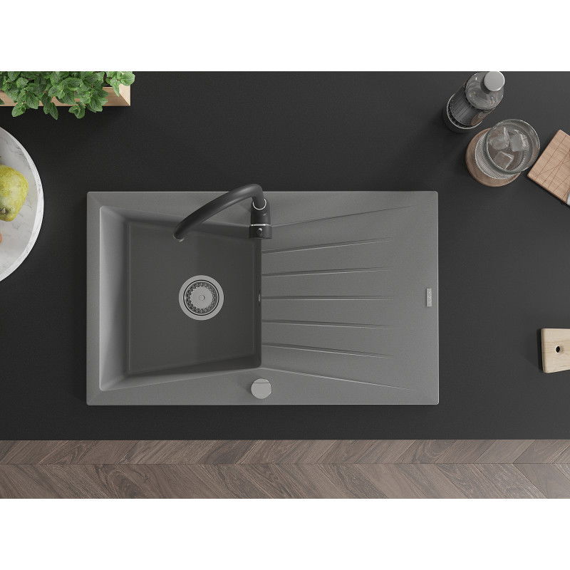 Mexen Cesar 1-bowl Granite Sink with Drainer and Telma Kitchen Tap, Grey - 6514-71-670200-70