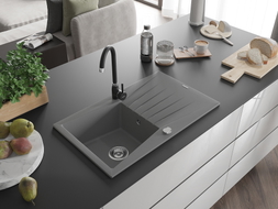 Mexen Cesar 1-bowl granite sink with drainer and Telma kitchen faucet, gray - 6514-71-670200-70