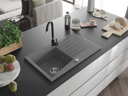 Mexen Cesar 1-bowl Granite Sink with Drainer and Telma Kitchen Tap, Grey - 6514-71-670200-70
