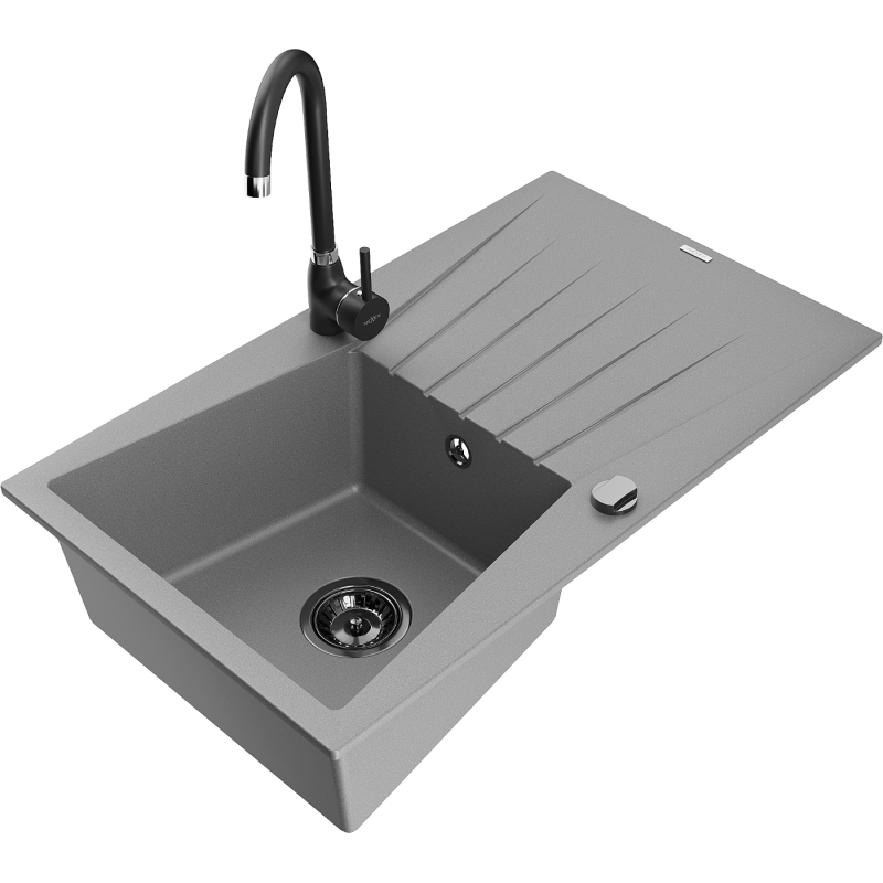 Mexen Cesar 1-compartment granite sink with a drip tray and kitchen mixer tap Telma, Grey - 6514-71-670200-70-B