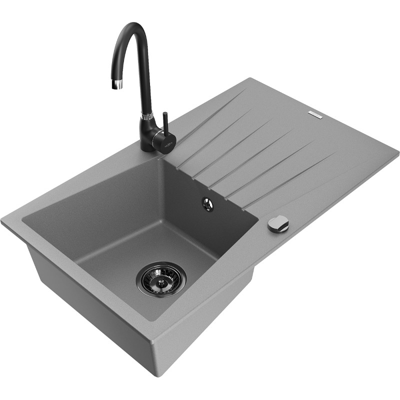Mexen Cesar granite kitchen sink, 1-bowl with drainer and kitchen faucet Telma, gray - 6514-71-670200-70-B