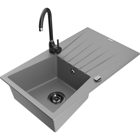 Mexen Cesar 1-bowl granite sink with drainer and Telma kitchen tap, grey - 6514-71-670200-70-B