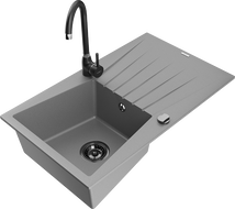Mexen Cesar granite sink 1-bowl with drainer and Telma kitchen faucet, gray - 6514-71-670200-70-B