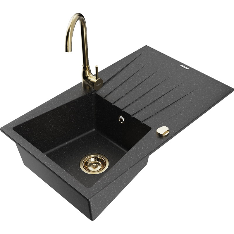 Mexen Cesar 1-bowl Granite Sink with Drainer and Telma Kitchen Faucet, Black/Silver - 6514-73-670200-50