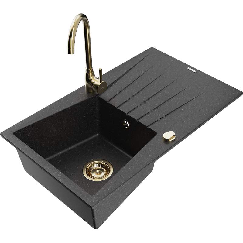 Mexen Cesar 1-compartment granite sink with a drip tray and kitchen mixer tap Telma, Black/Silver - 6514-73-670200-50