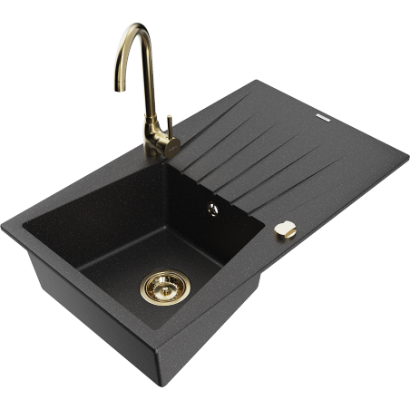Mexen Cesar granite sink single bowl with drainer and Telma kitchen faucet, black/silver - 6514-73-670200-50