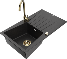 Mexen Cesar granite sink 1-bowl with drainer and Telma kitchen tap, black/silver - 6514-73-670200-50