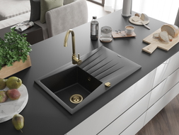 Mexen Cesar 1-bowl Granite Sink with Drainer and Telma Kitchen Faucet, Black/Silver - 6514-73-670200-50