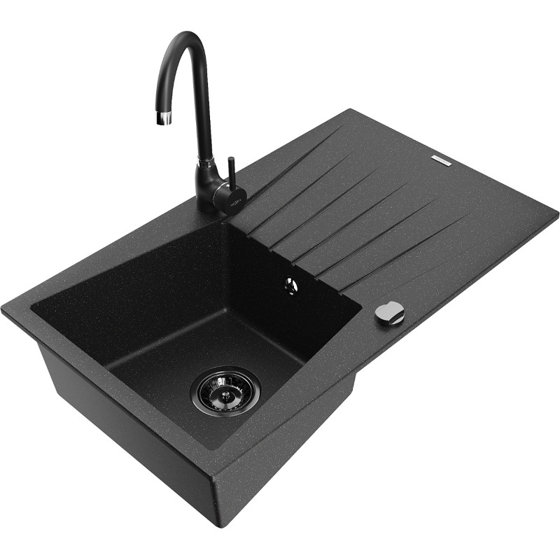 Mexen Cesar granite kitchen sink 1-compartment with drainer and kitchen faucet Telma, black/silver - 6514-73-670200-70-B