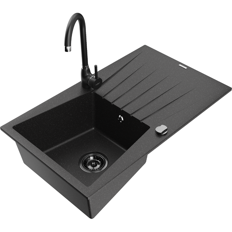 Mexen Cesar granite sink 1-bowl with drainer and Telma kitchen tap, black/silver - 6514-73-670200-70-B