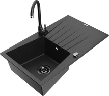 Mexen Cesar granite kitchen sink 1-bowl with drainer and Telma kitchen faucet, black/silver - 6514-73-670200-70-B