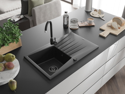 Mexen Cesar granite kitchen sink 1-bowl with drainer and Telma kitchen faucet, black/silver - 6514-73-670200-70-B