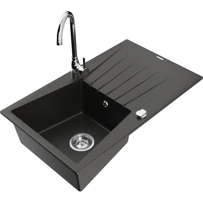 Mexen Cesar granite kitchen sink 1-bowl with drainer and Telma kitchen faucet, black/gold - 6514-75-670200-00
