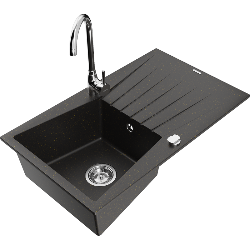 Mexen Cesar granite sink 1-bowl with drainer and Telma kitchen tap, black/gold - 6514-75-670200-00