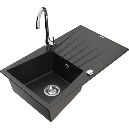 Mexen Cesar granite kitchen sink 1-bowl with drainer and Telma kitchen faucet, black/gold - 6514-75-670200-00
