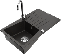 Mexen Cesar granite kitchen sink 1-bowl with drainer and Telma kitchen faucet, black/gold - 6514-75-670200-00