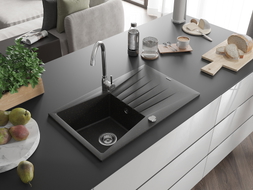 Mexen Cesar granite kitchen sink 1-bowl with drainer and Telma kitchen faucet, black/gold - 6514-75-670200-00