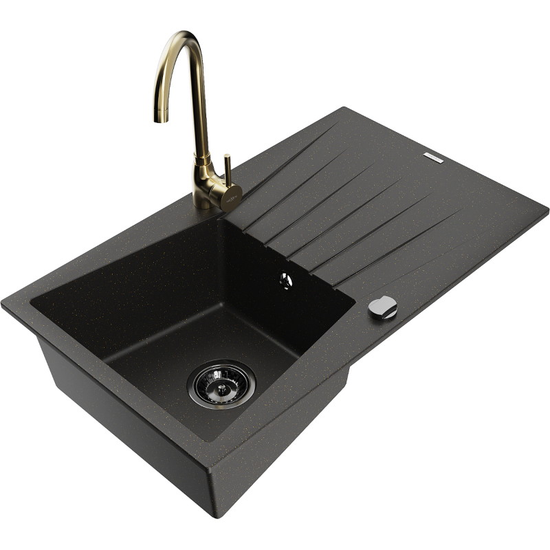 Mexen Cesar granite sink 1-bowl with drainer and kitchen faucet Telma, black/gold - 6514-75-670200-50-B