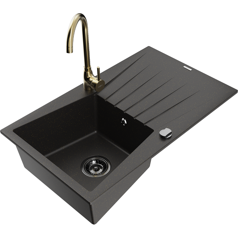 Mexen Cesar granite sink 1-bowl with drainer and Telma kitchen tap, black/gold - 6514-75-670200-50-B