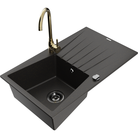 Mexen Cesar granite sink 1-bowl with drainer and kitchen faucet Telma, black/gold - 6514-75-670200-50-B