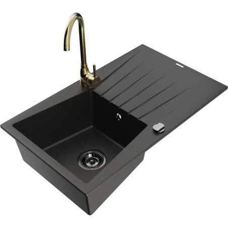 Mexen Cesar granite sink 1-bowl with drainer and Telma kitchen tap, black/gold - 6514-75-670200-50-B